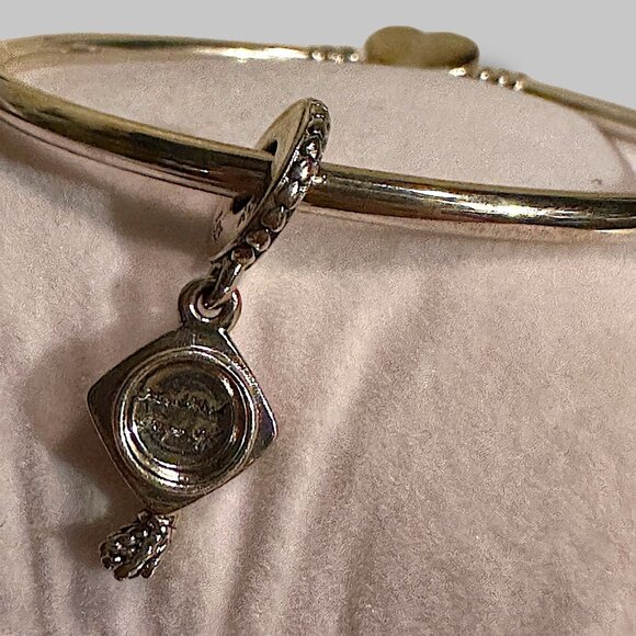 Pandora Heart Charm Sterling Silver Bangle Bracelet, w/Graduation Cap Charm, Wit - Picture 12 of 16